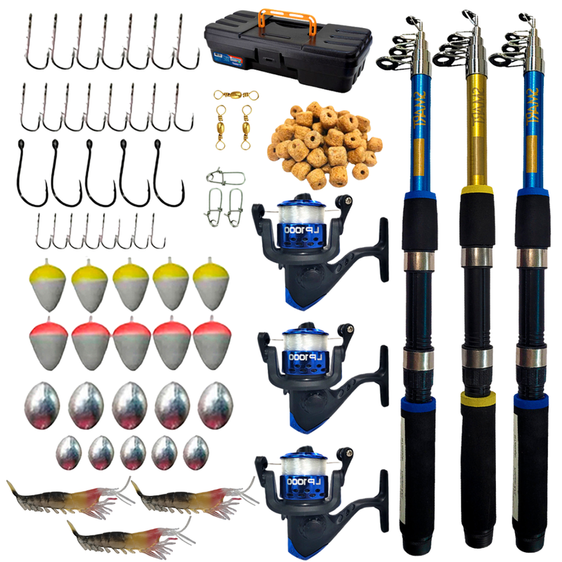 Kit de Pesca Triplo Vara + Molinete Maleta Saquinho e Racao Jaú Pesca