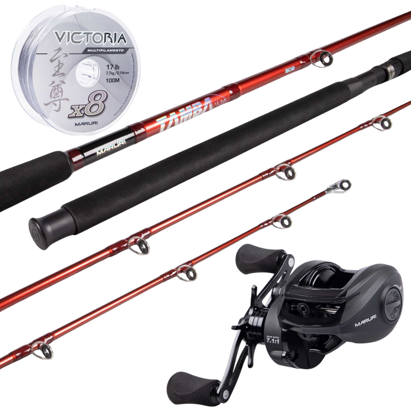 Kit de Pesca Vara 2,10m 40-80lbs + Carretilha Black Tamba BT11 Direita + Linha Multi