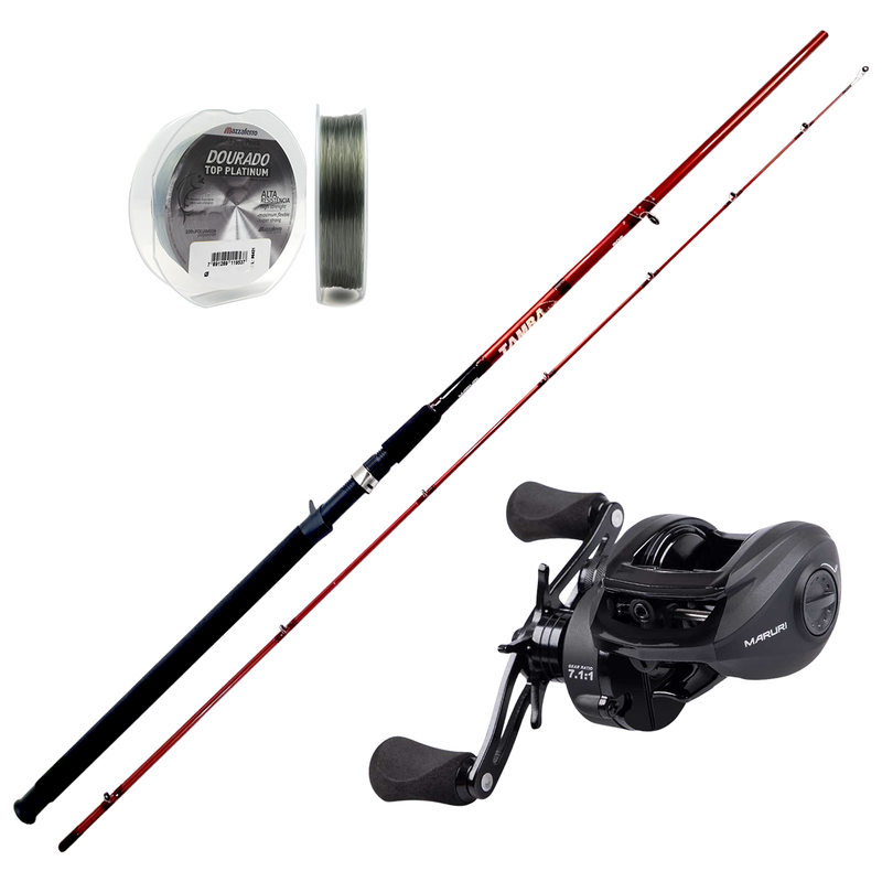 Kit de Pesca Vara 2,10m 40-80lbs + Carretilha Black Tamba BT11 Direita + Linha Mono