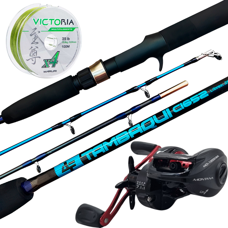 Kit Vara de Pesca 1,65m 30lbs + Carretilha Montana DS Esquerda + Linha Multi