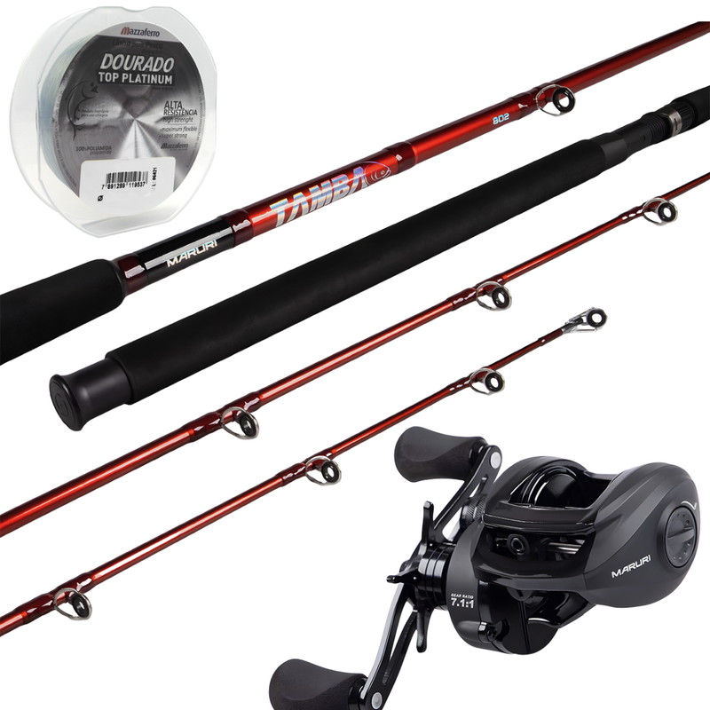 Kit de Pesca Vara 2,10m 40-80lbs + Carretilha Black Tamba BT11 Esquerda + Linha Mono